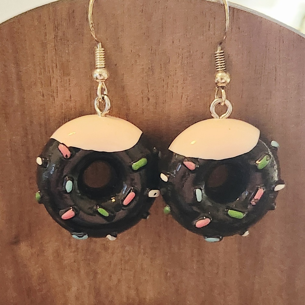 Chocolate Donut Dangle Earrings Pink Frosting Sprinkles Novelty‎ Food Jewelry